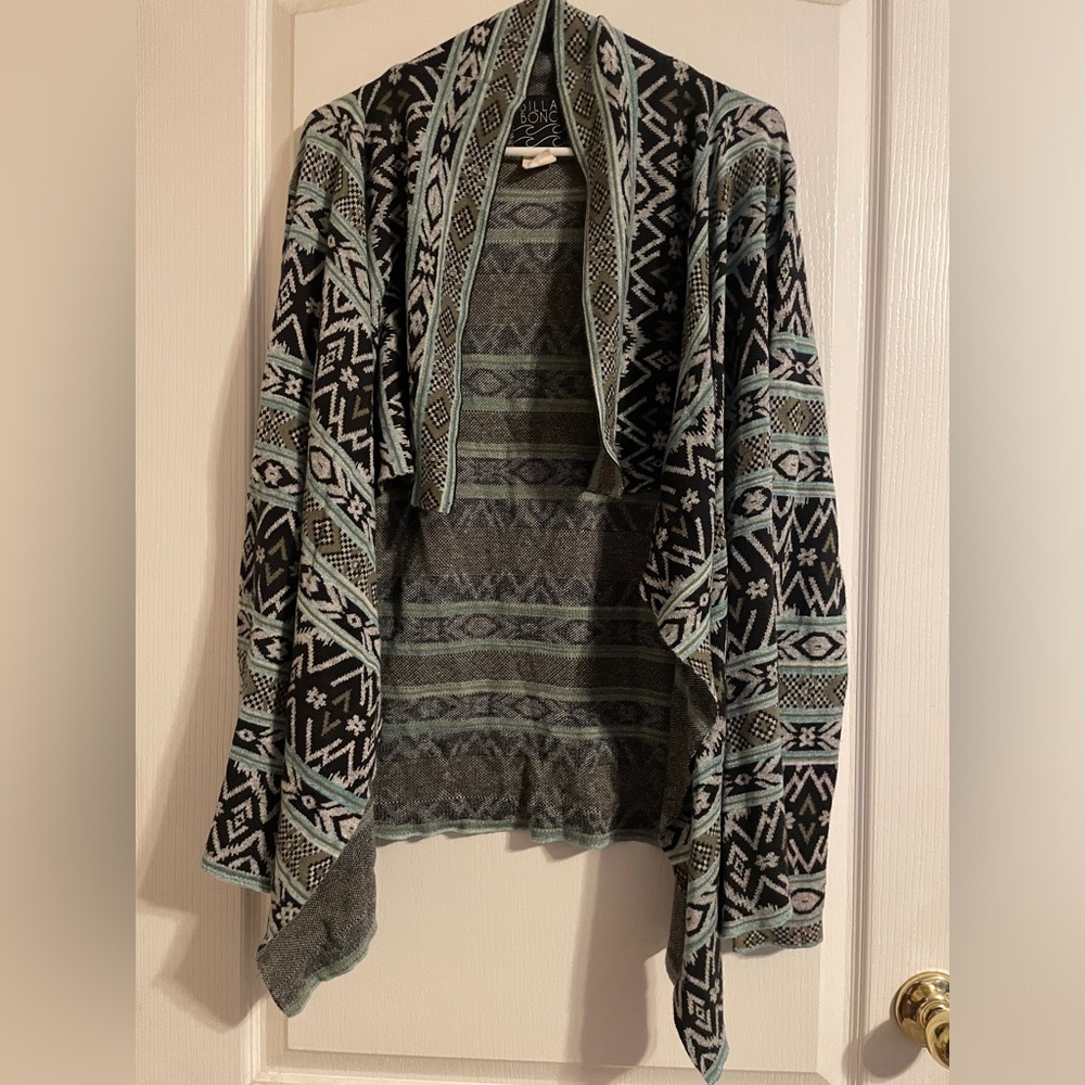 Billabong‎ Cardigan Women M Black Green Geometric Tribal Open Front Aztec Boho